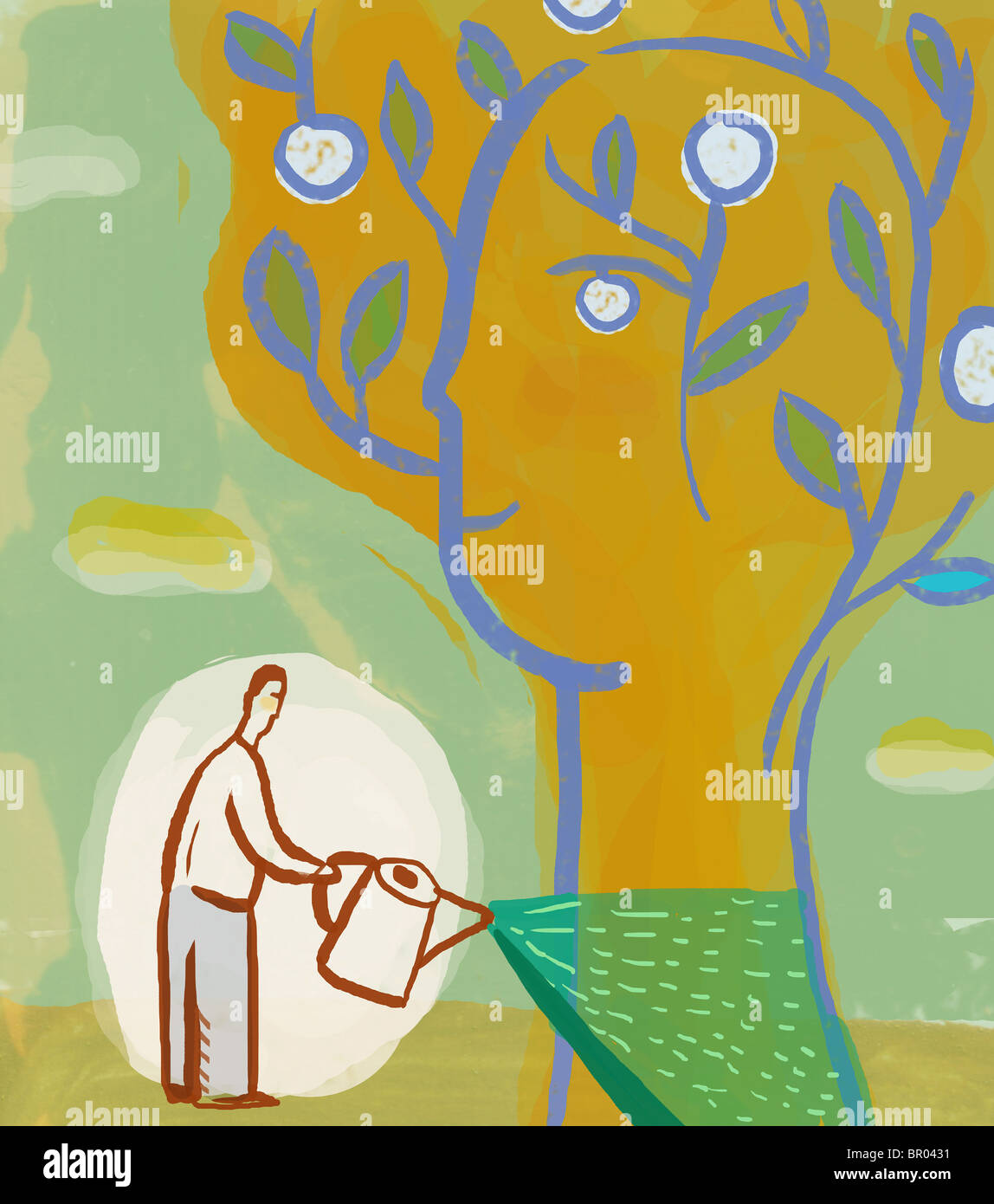 Illustration of a man watering a tree that is shaped like a human head Stock Photo