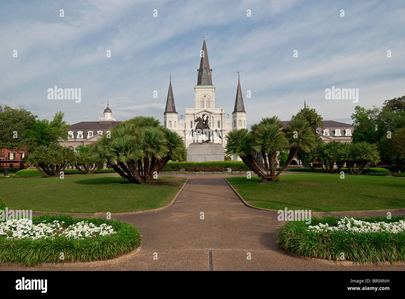 Andrew Jackson memorial statue and Saint Louis Cathedral in Jackson Square of the French Quarter, New Orleans, Louisiana, USA Stock Photo