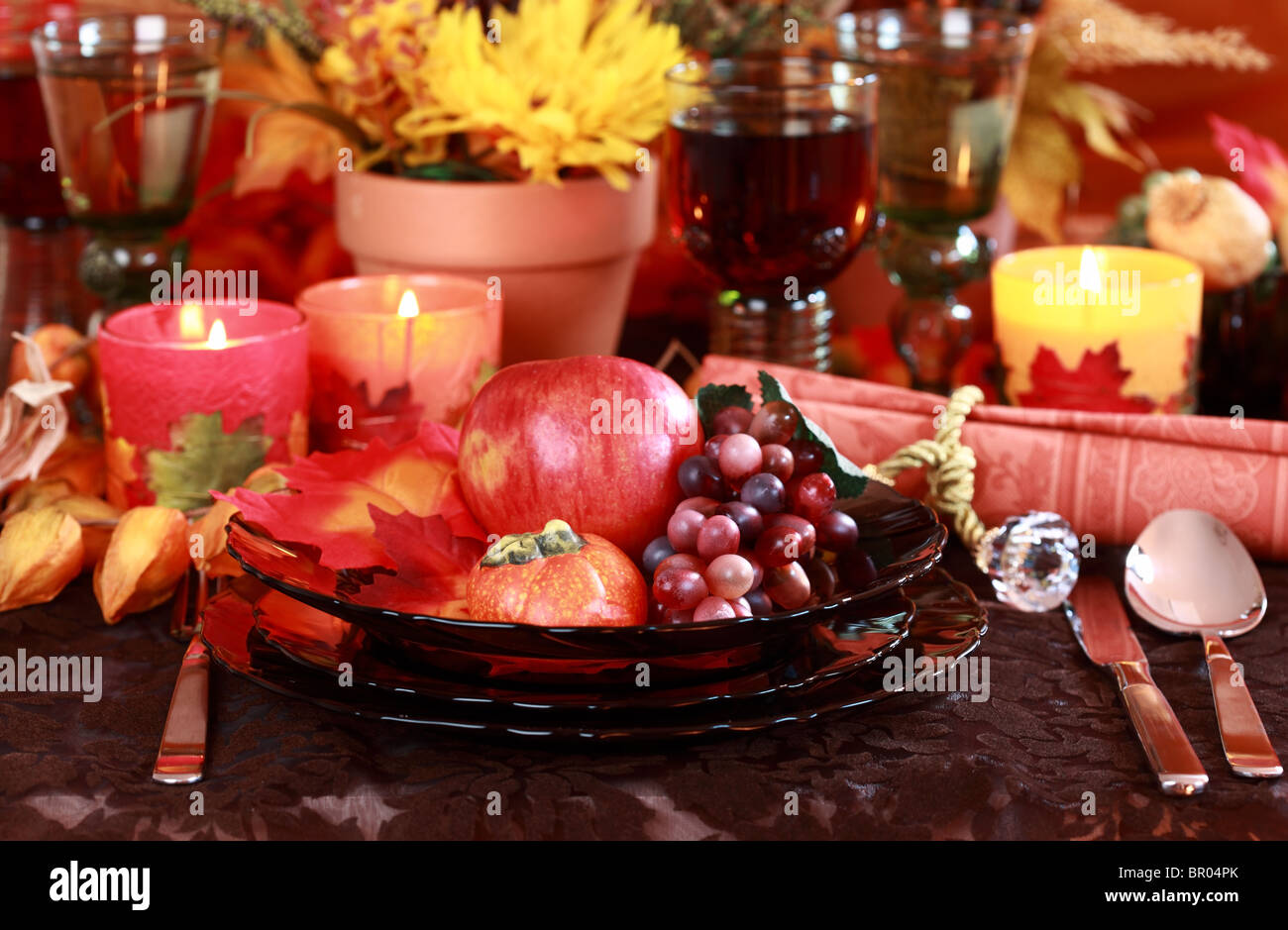 Table setting with autumn decoration for Thanksgiving Stock Photo