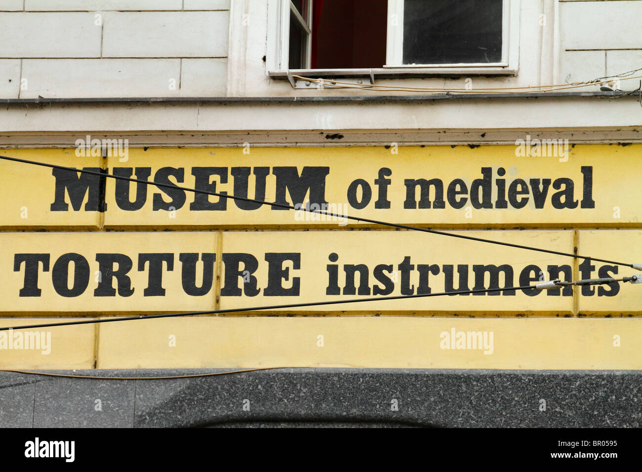 Sign board of Museum of Medieval Torture Instruments, Prague, Czech Republic August 2010 Stock Photo