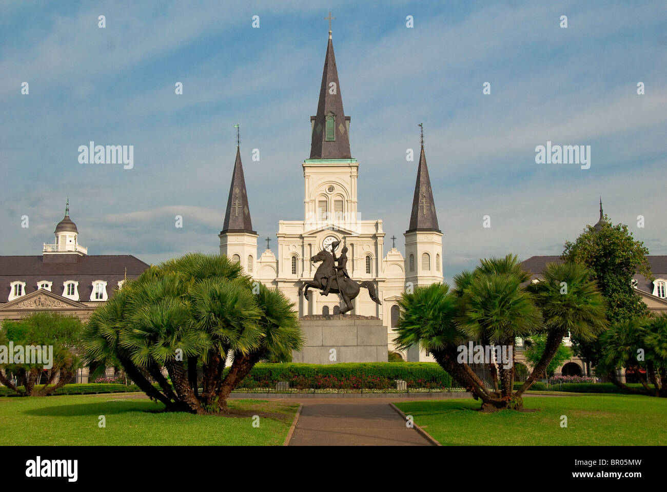 Andrew Jackson memorial statue and Saint Louis Cathedral in Jackson Square of the French Quarter, New Orleans, Louisiana, USA Stock Photo