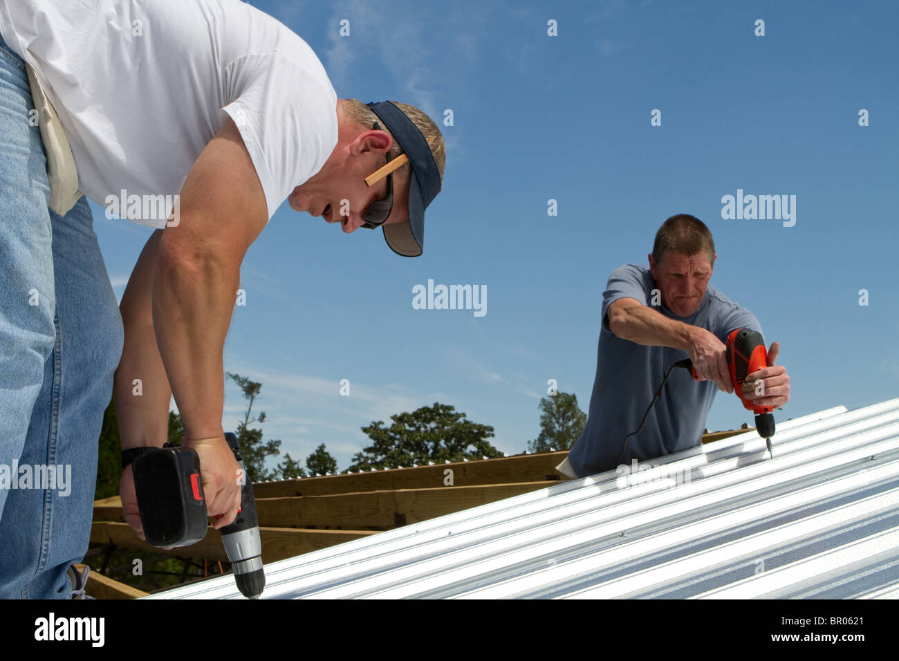 Construction roofing crew uses power tools to screw and fasten sheet metal to the roof rafters of a building. Stock Photo