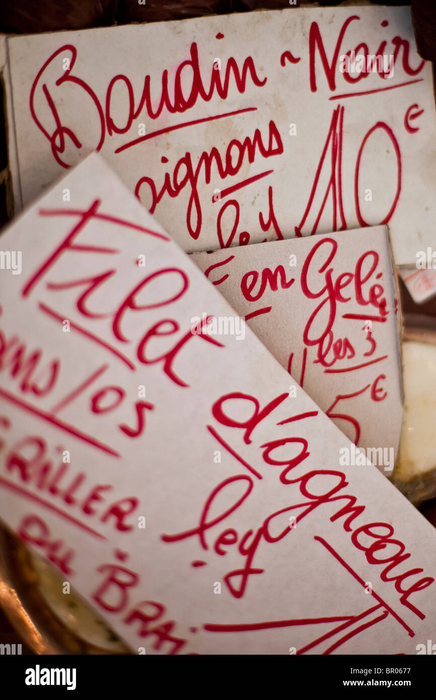 Food signs at an outdoor market in France Stock Photo Alamy