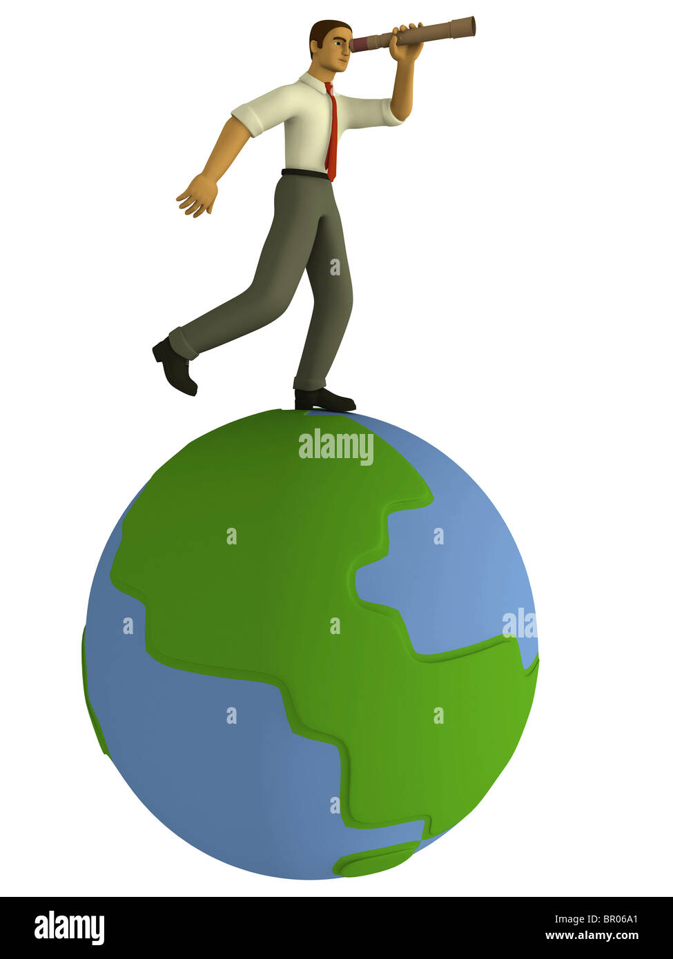 A businessman standing on top of a world globe and looking through a telescope illustrated In a 3D style Stock Photo