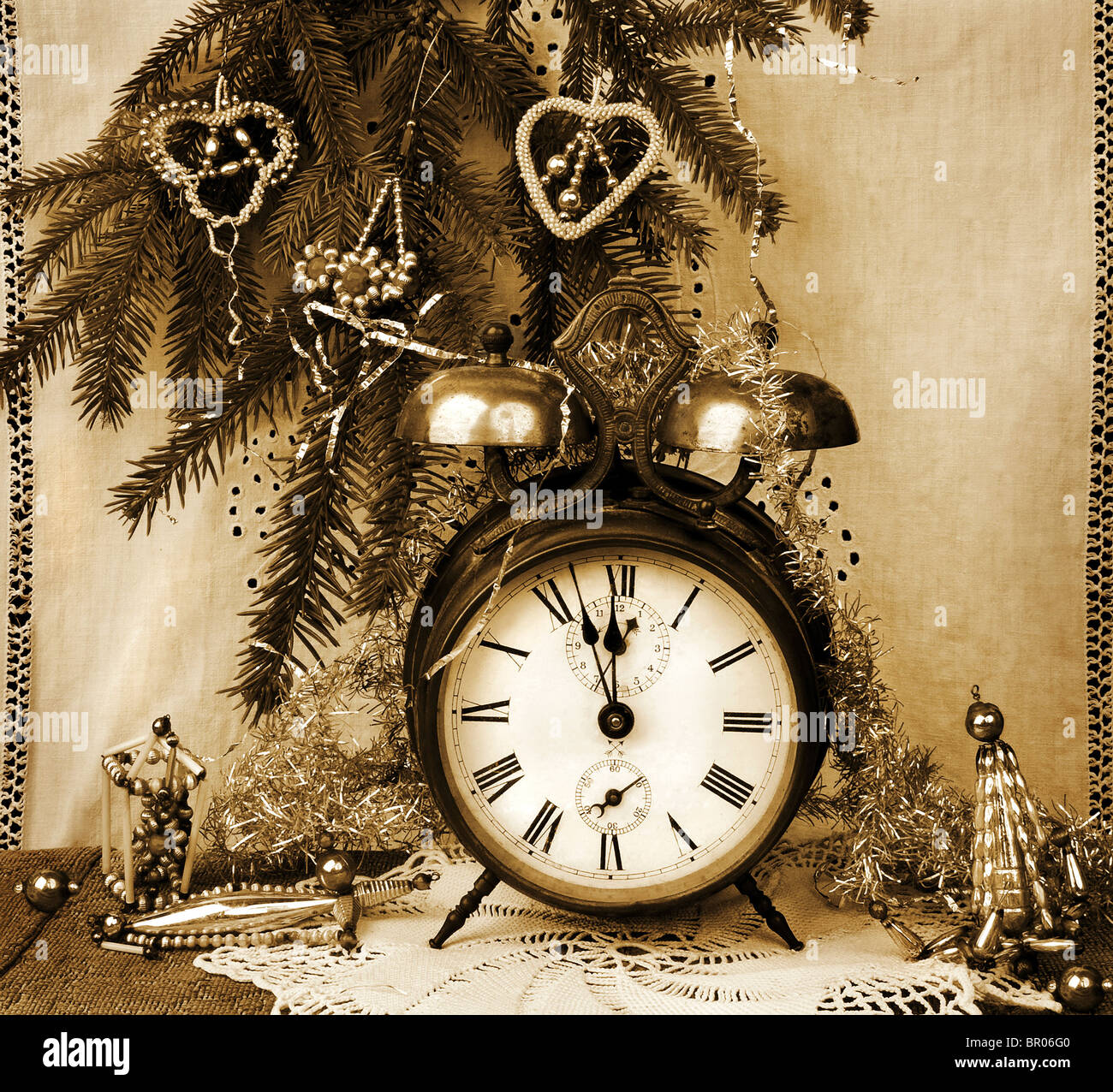 Vintage New Year still life in sepia tone Stock Photo - Alamy