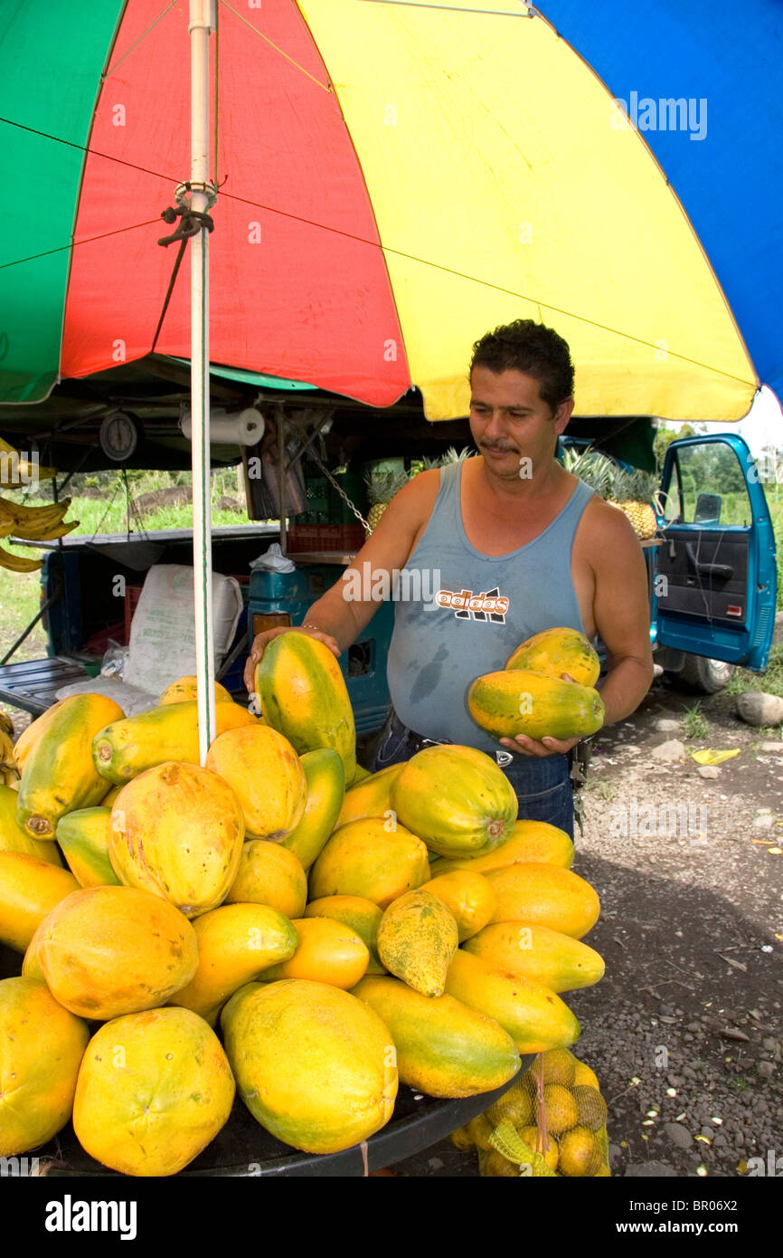 Street vendor selling papayas near Siquirres, Limon province, Costa Rica. Stock Photo