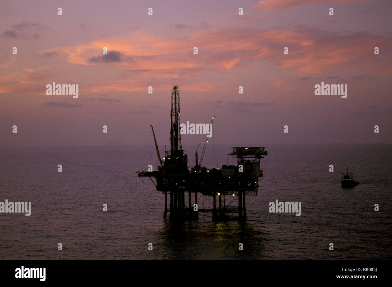 Landscape view of an oil rig off the coast of Texas. Stock Photo