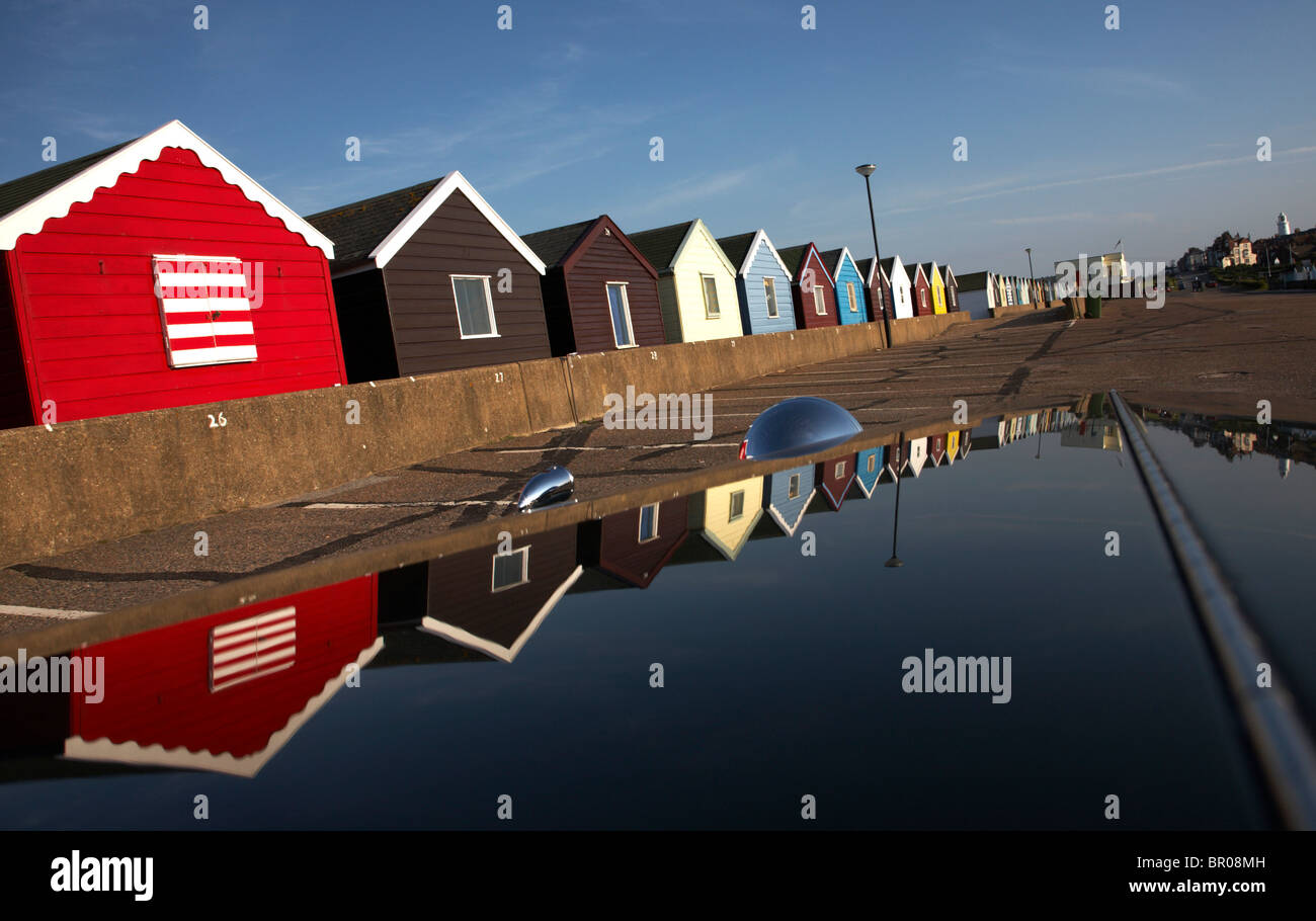 Beach Huts Reflected in bonnet of car Stock Photo