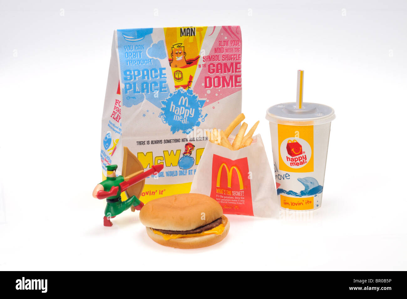 McDonald's Happy Meal with Robin Hood Toy on white background, cutout. Stock Photo