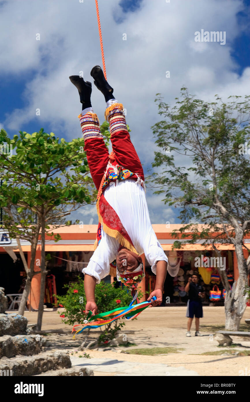 Voladore or Papantla flyer, performing a pre-Hispanic ritual dedicated to the sun God. Stock Photo