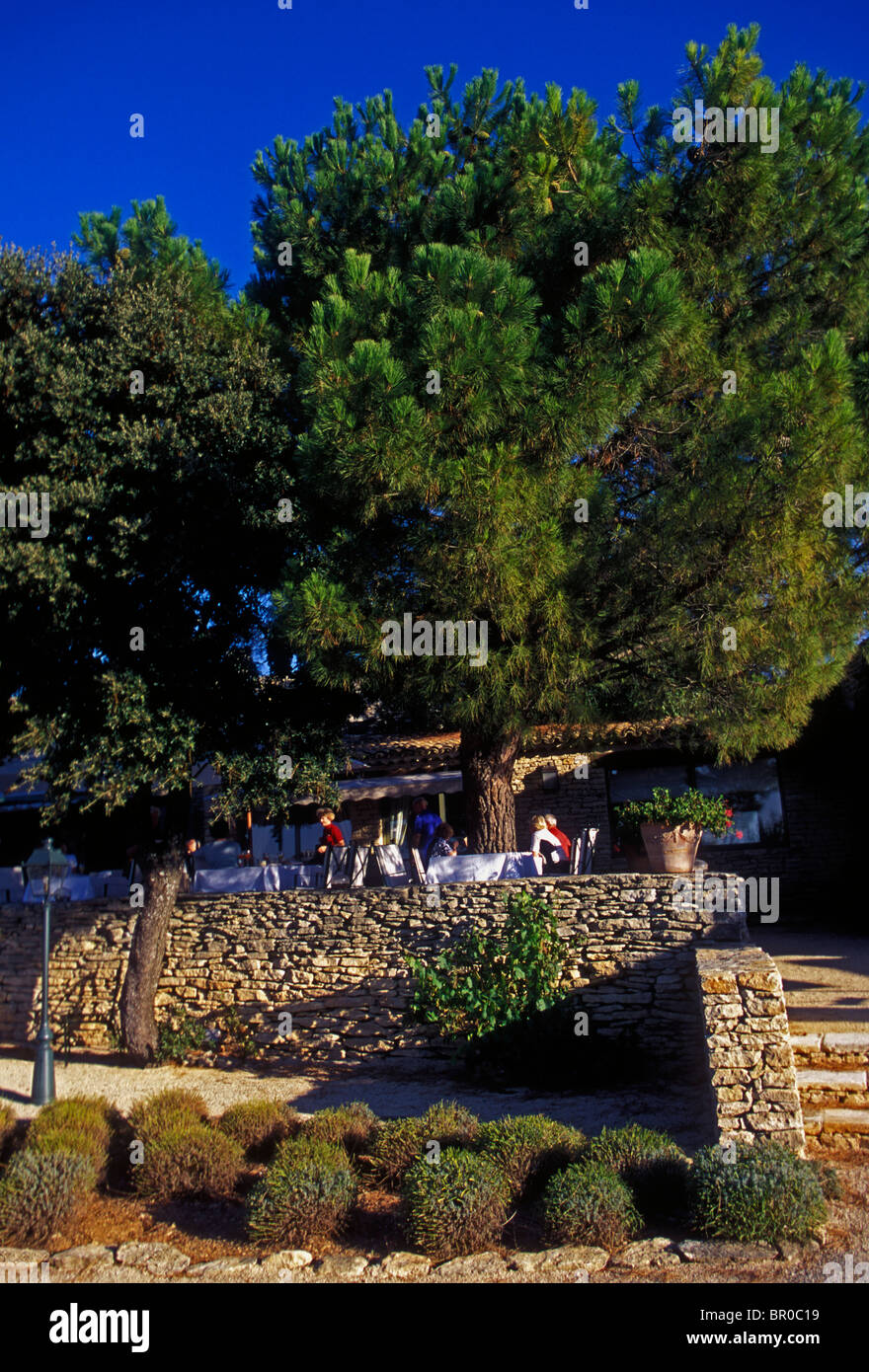 outdoor restaurant, French restaurant, French food and drink, food and drink, Hotel Les Bories, village of Gordes, Vaucluse, Provence, France Stock Photo