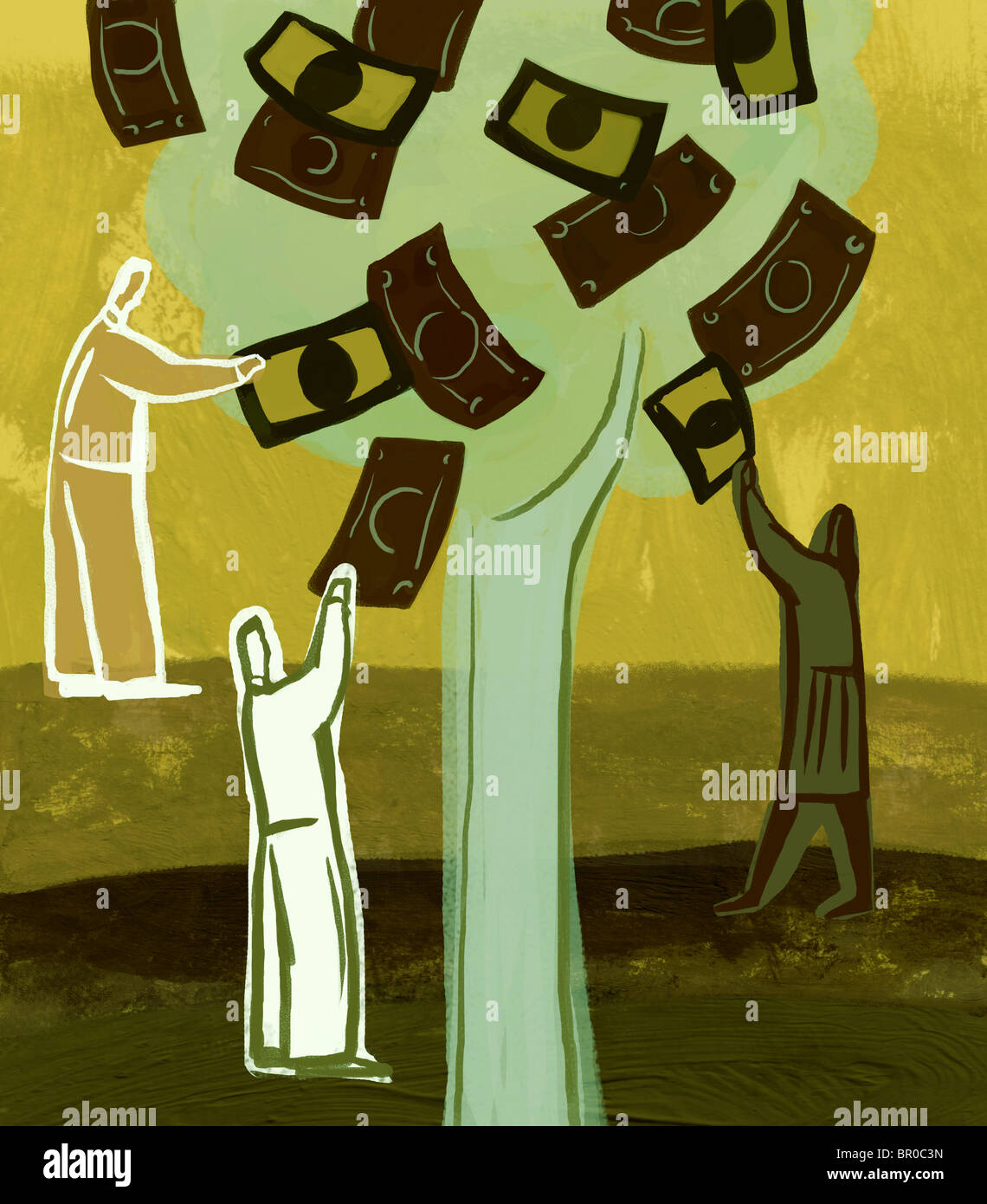 An illustration of people picking money from a tree Stock Photo