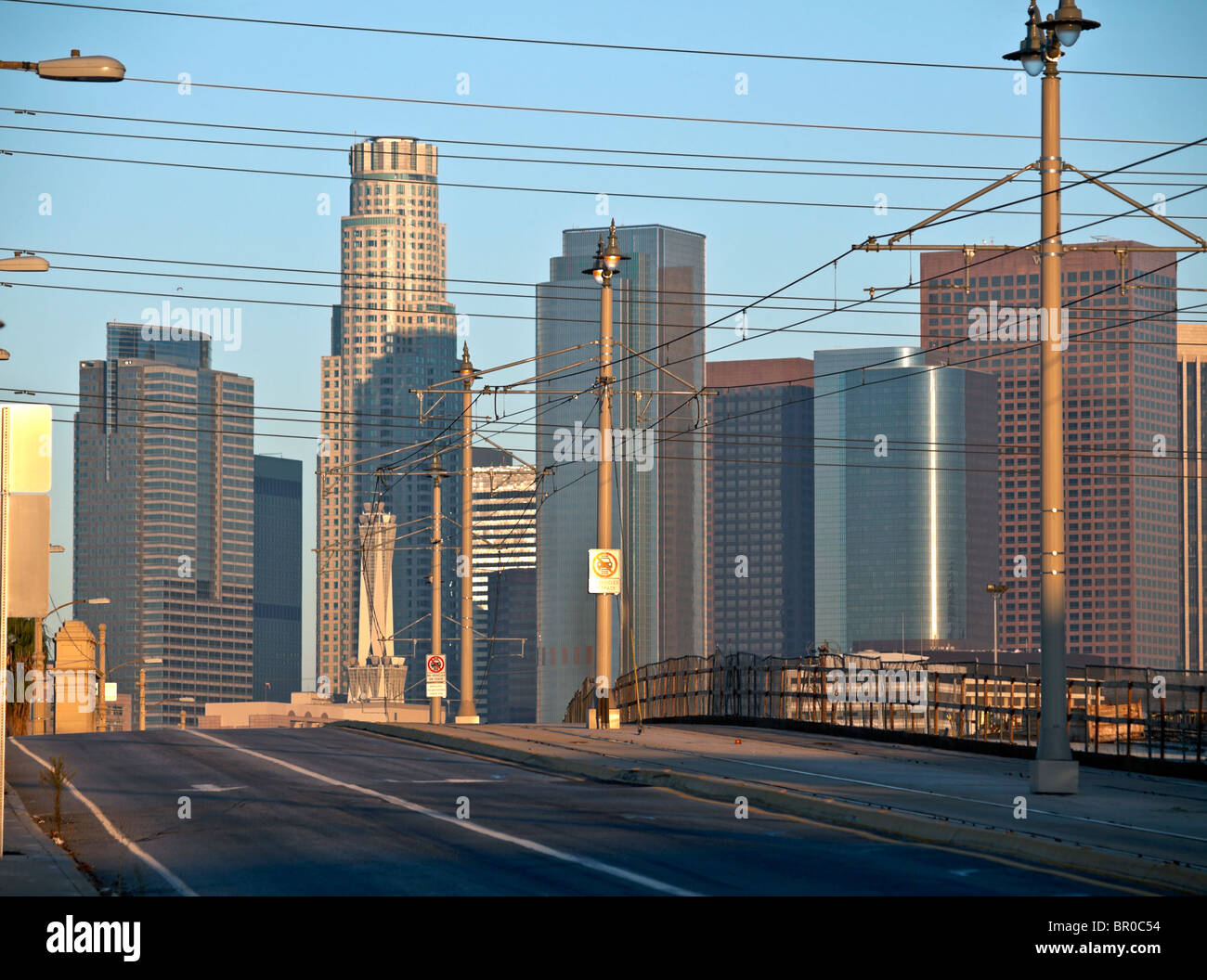 Warm sunrise light on Los Angeles's First Street Bridge. Stock Photo