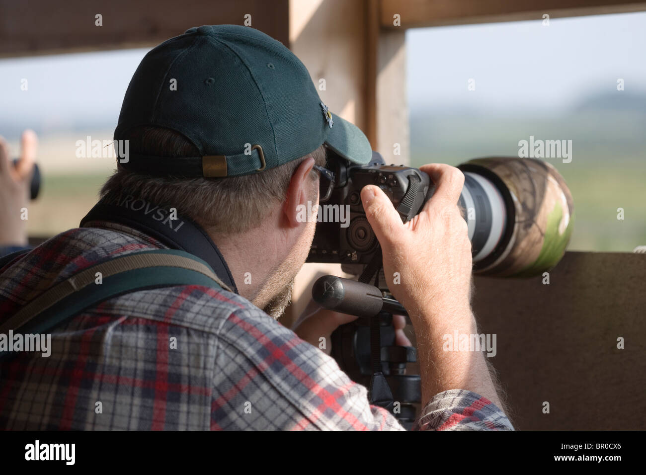 Bird and wildlife Photographer. Using provision of a public hide on a nature reserve. Norfolk. Stock Photo