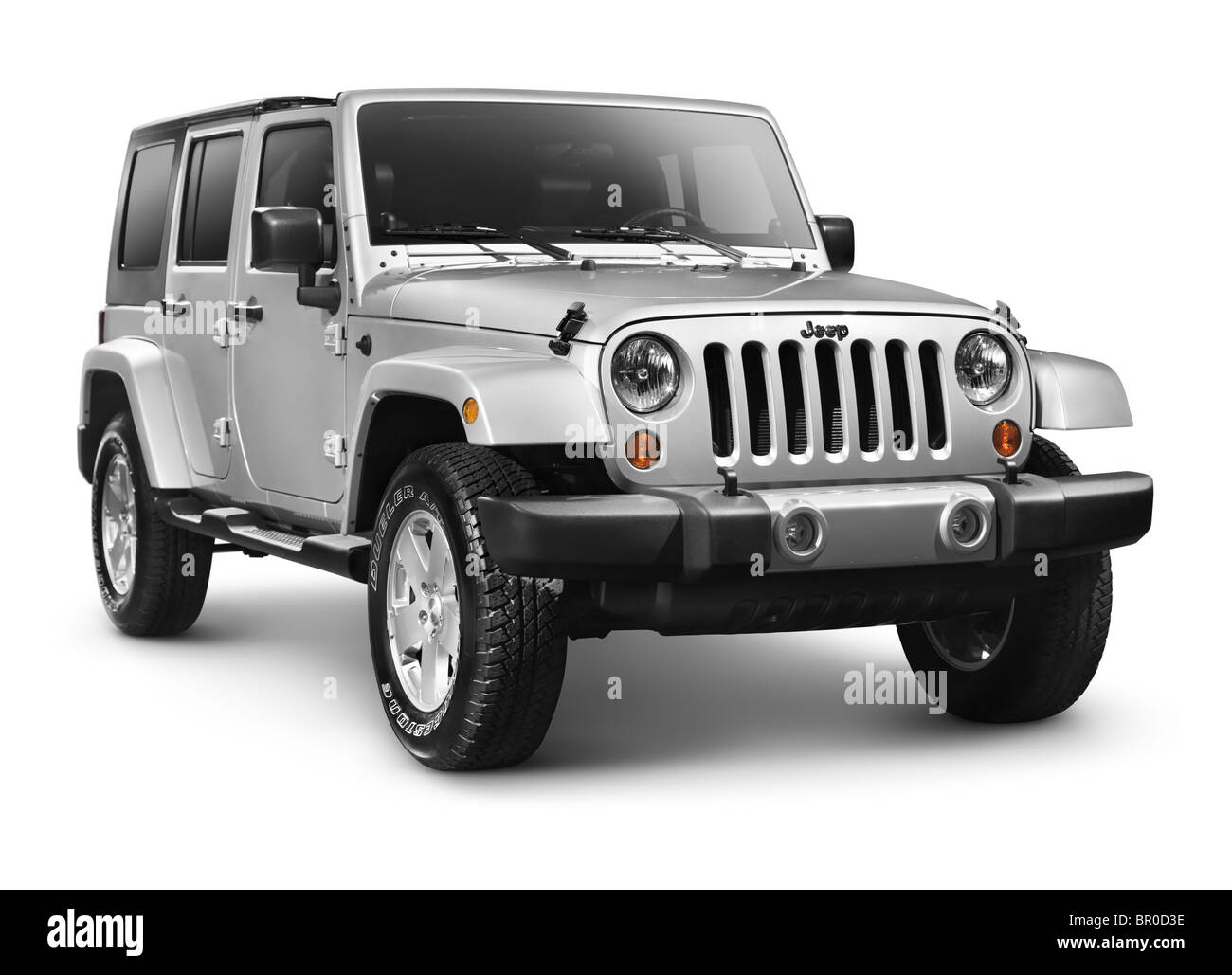 License available at MaximImages.com - Silver 2011 Jeep Wrangler Unlimited Sahara 4x4 SUV isolated on white background with clipping path Stock Photo