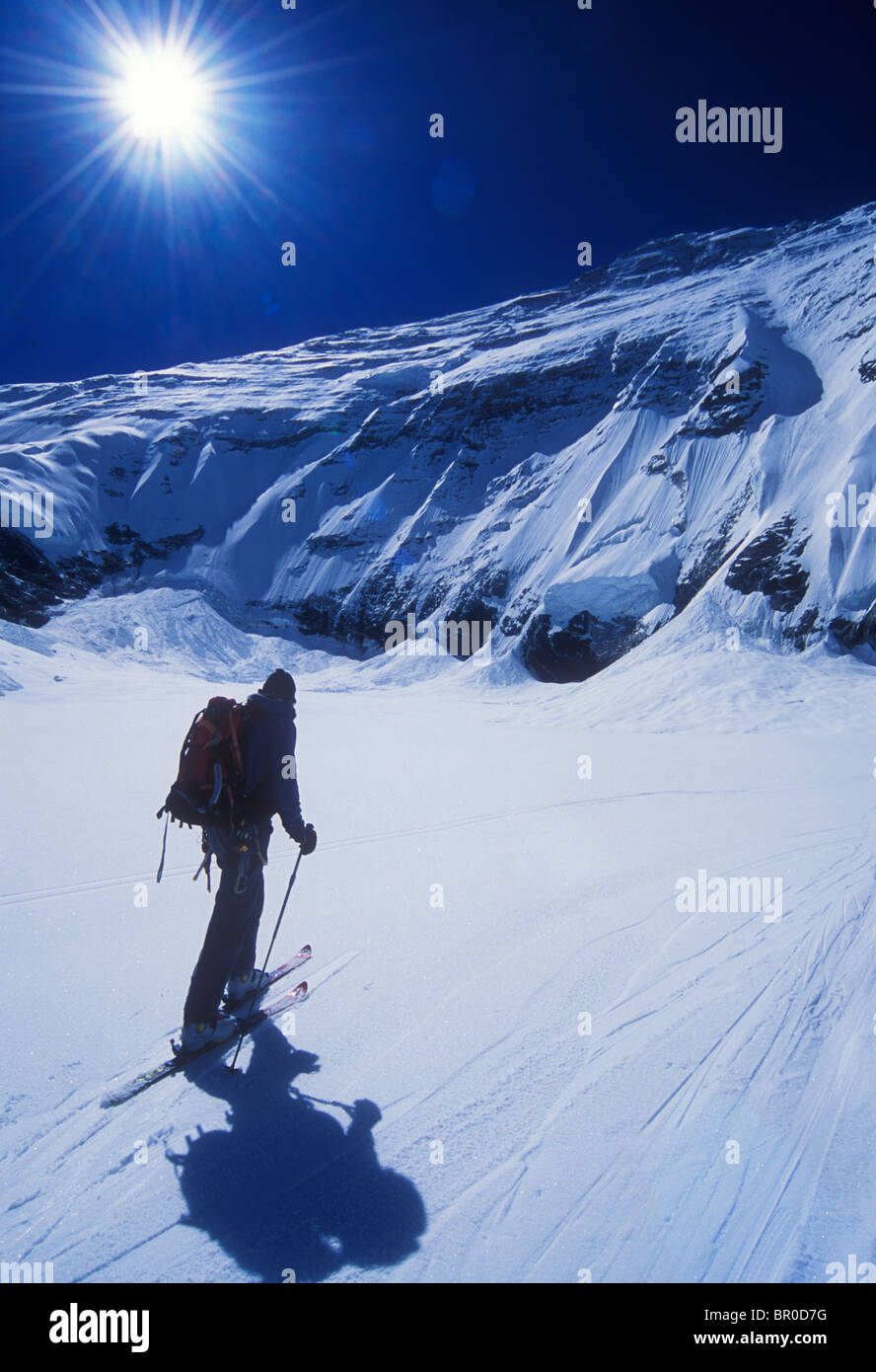 A man ski touring under blue skies on a glacier. Stock Photo