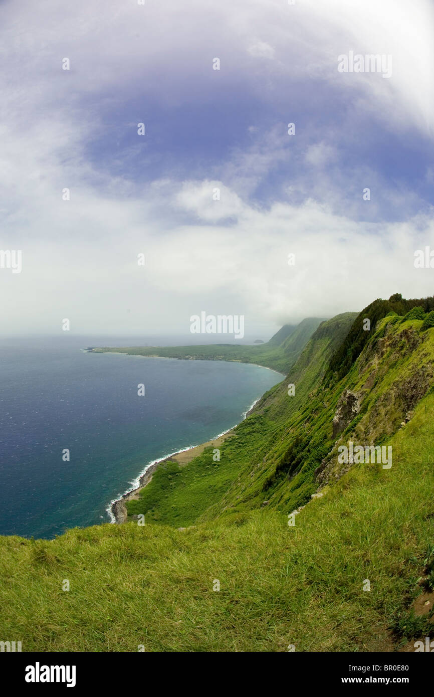 A scenic view of the world's tallest sea cliffs above the Kalaupapa peninsula on Molokai, Hawaii (Infrared). Stock Photo