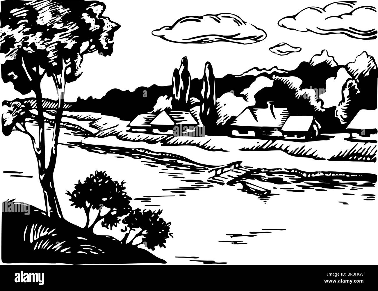 A black and white illustration of houses in the country Stock Photo