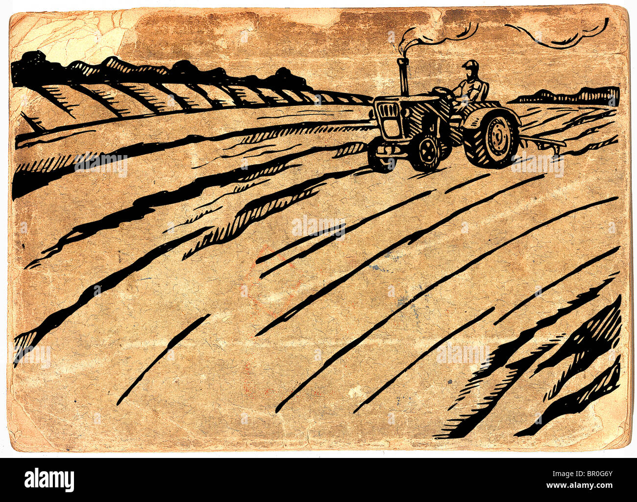 Man driving a tractor in a field on paper background Stock Photo