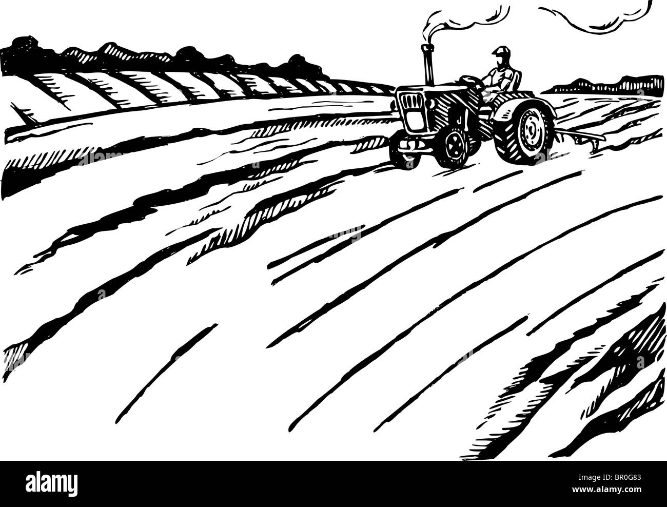 Man driving a tractor in a field black and white Stock Photo