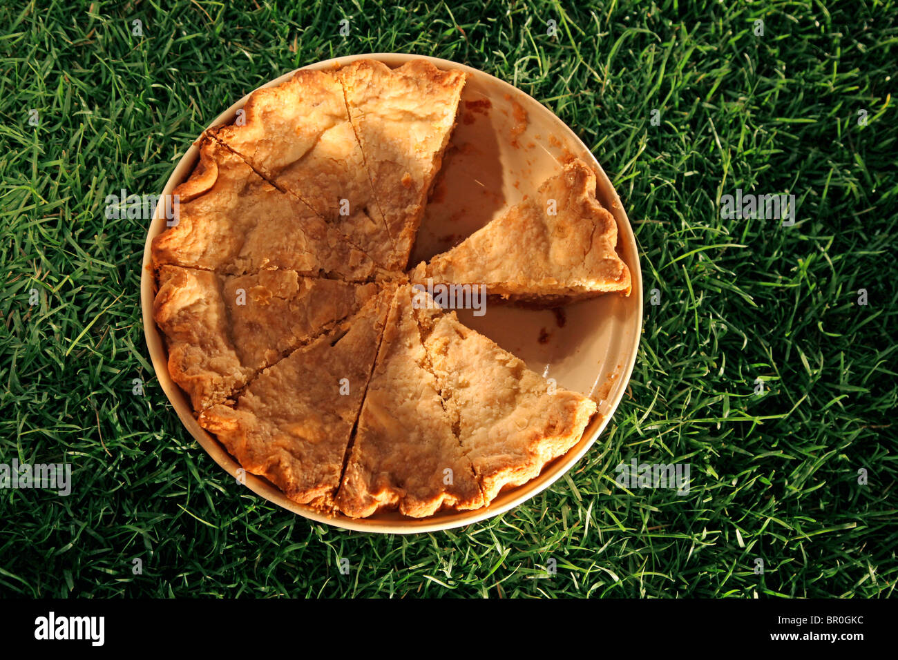 Apple pie from above with two slices missing Stock Photo
