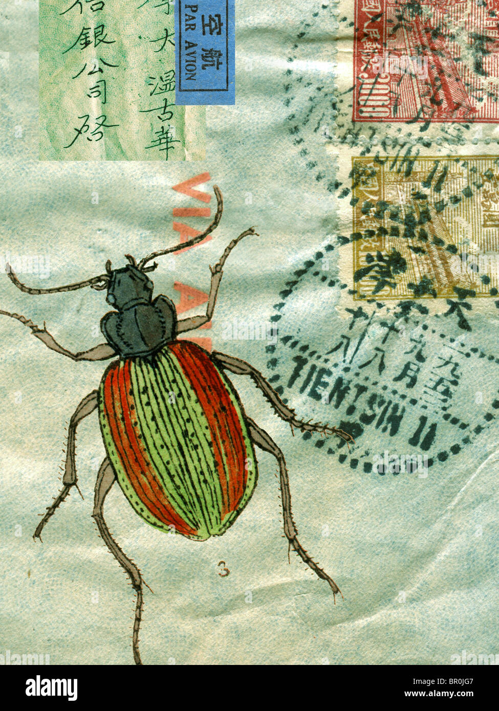 An old envelope with stamps, Chinese characters, and a beetle Stock Photo
