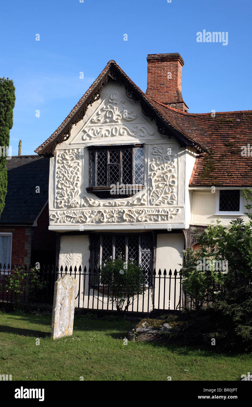 Midsummer evening sunlight highlights pargeting on the Ancient House, Clare, Suffolk. Stock Photo