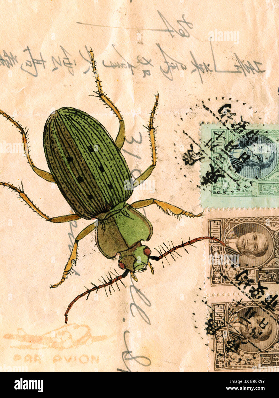 An old envelope with stamps, Chinese and English writing and a beetle Stock Photo