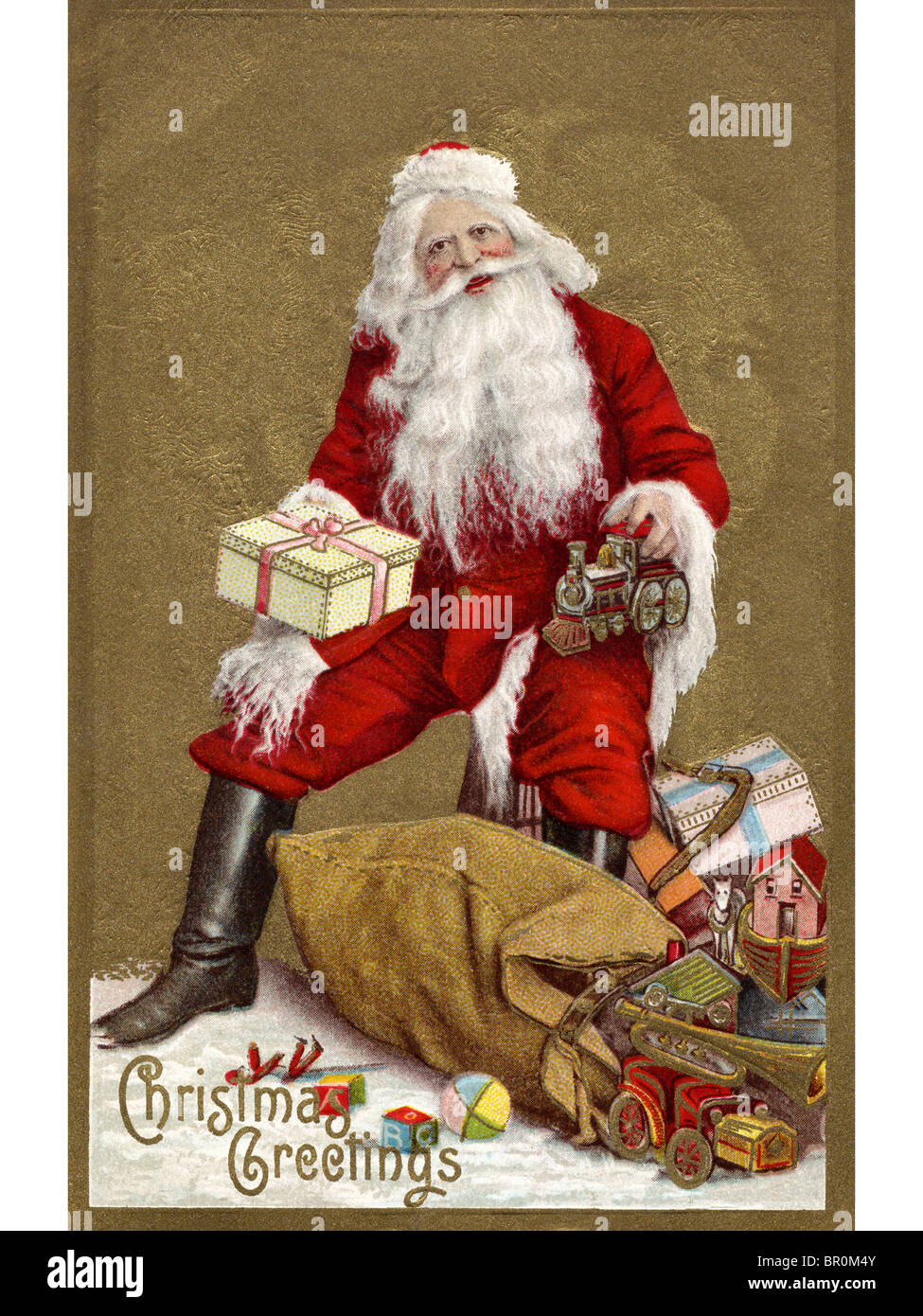 Vintage Christmas card of Santa Claus with a sack full of presents Stock Photo - Alamy