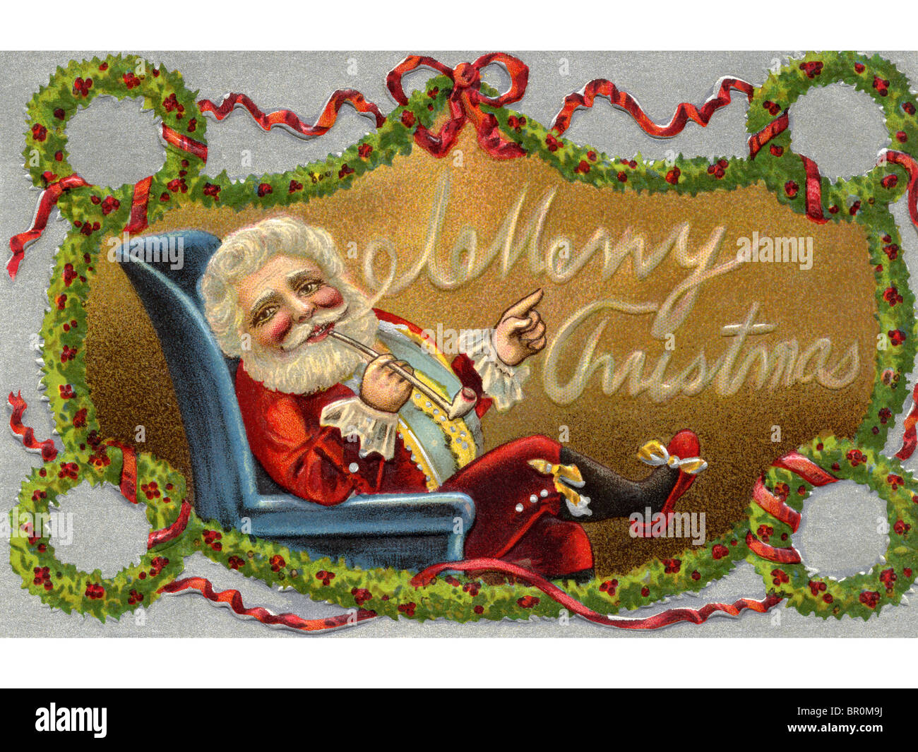 Vintage Christmas card of Santa Claus sitting in a chair and wreaths Stock Photo