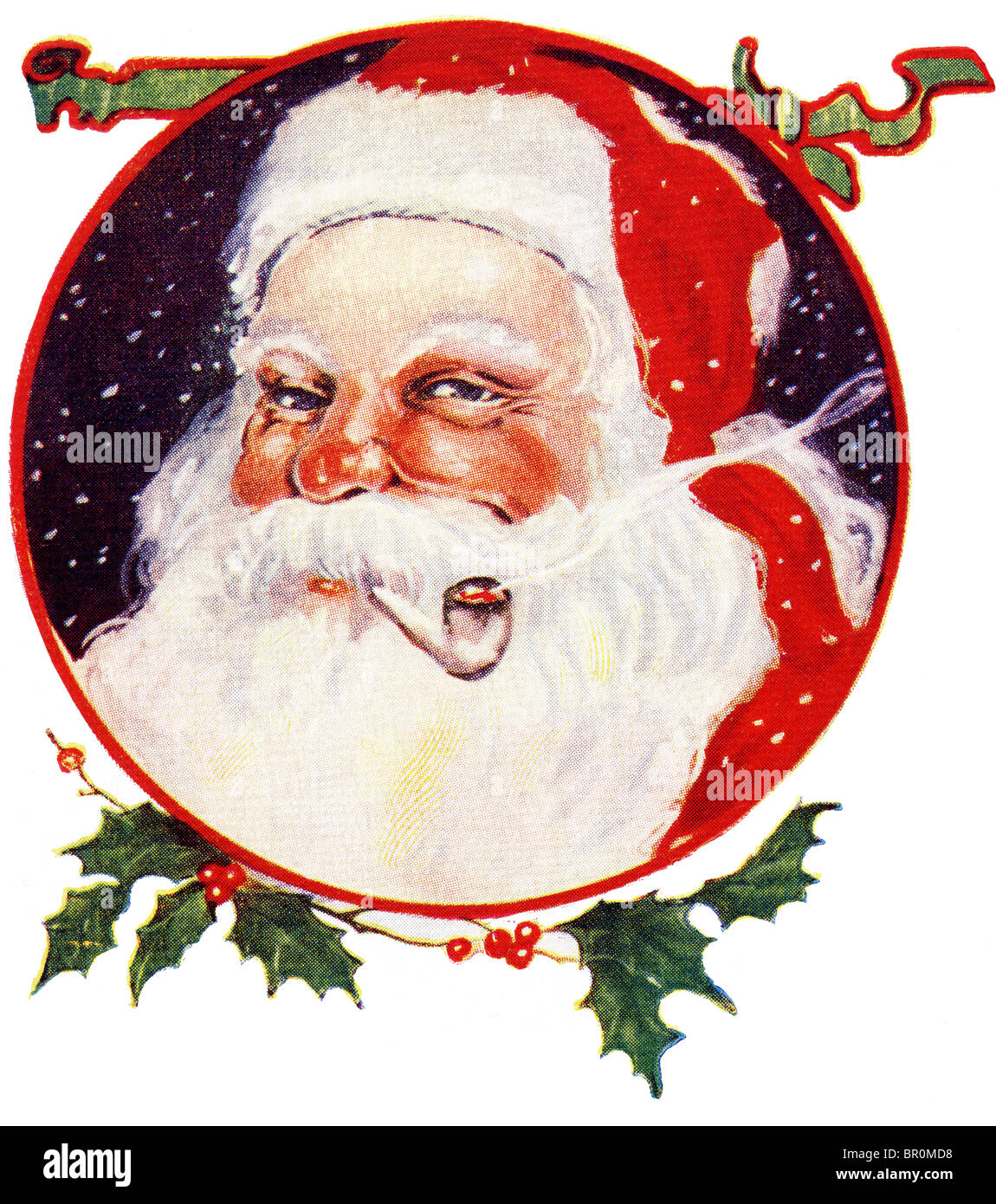 Vintage Christmas card of Santa Claus smoking a pipe Stock Photo