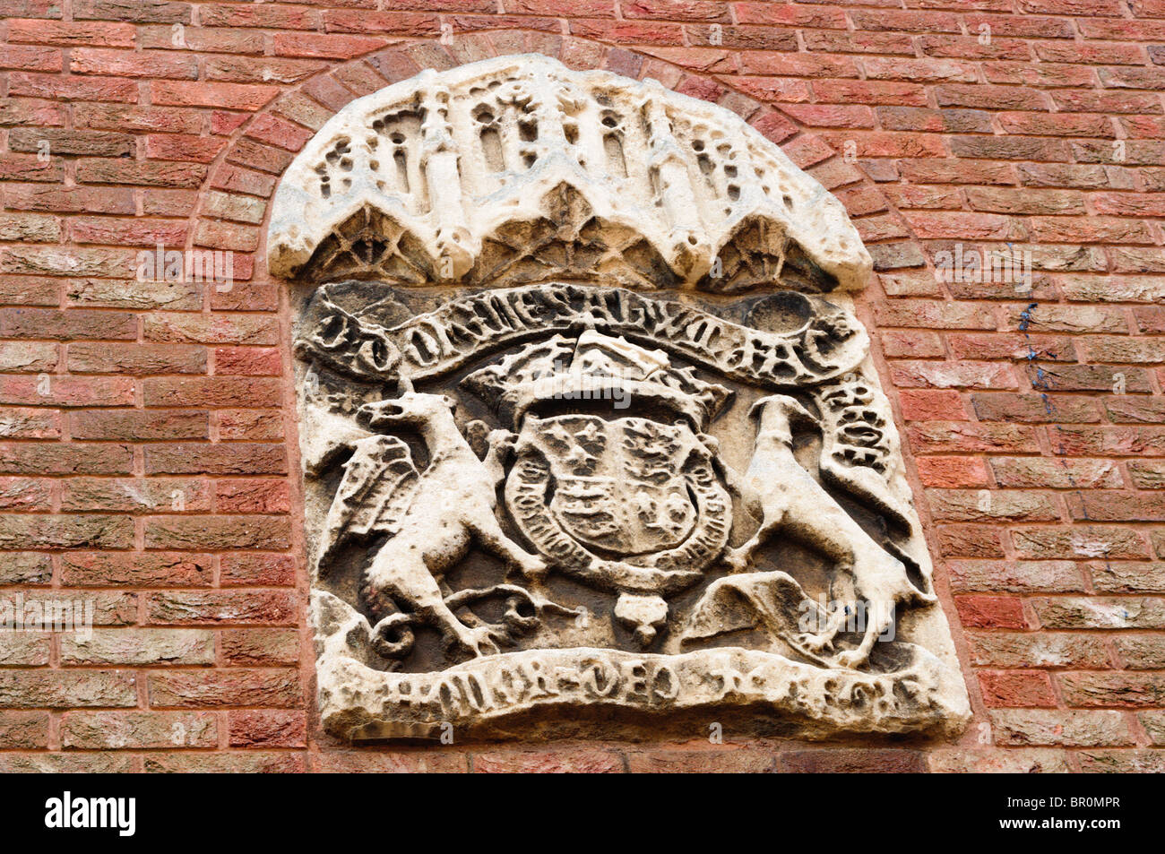 16th century stone carving of the Royal Arms now on King's Lynn Crown Court Stock Photo