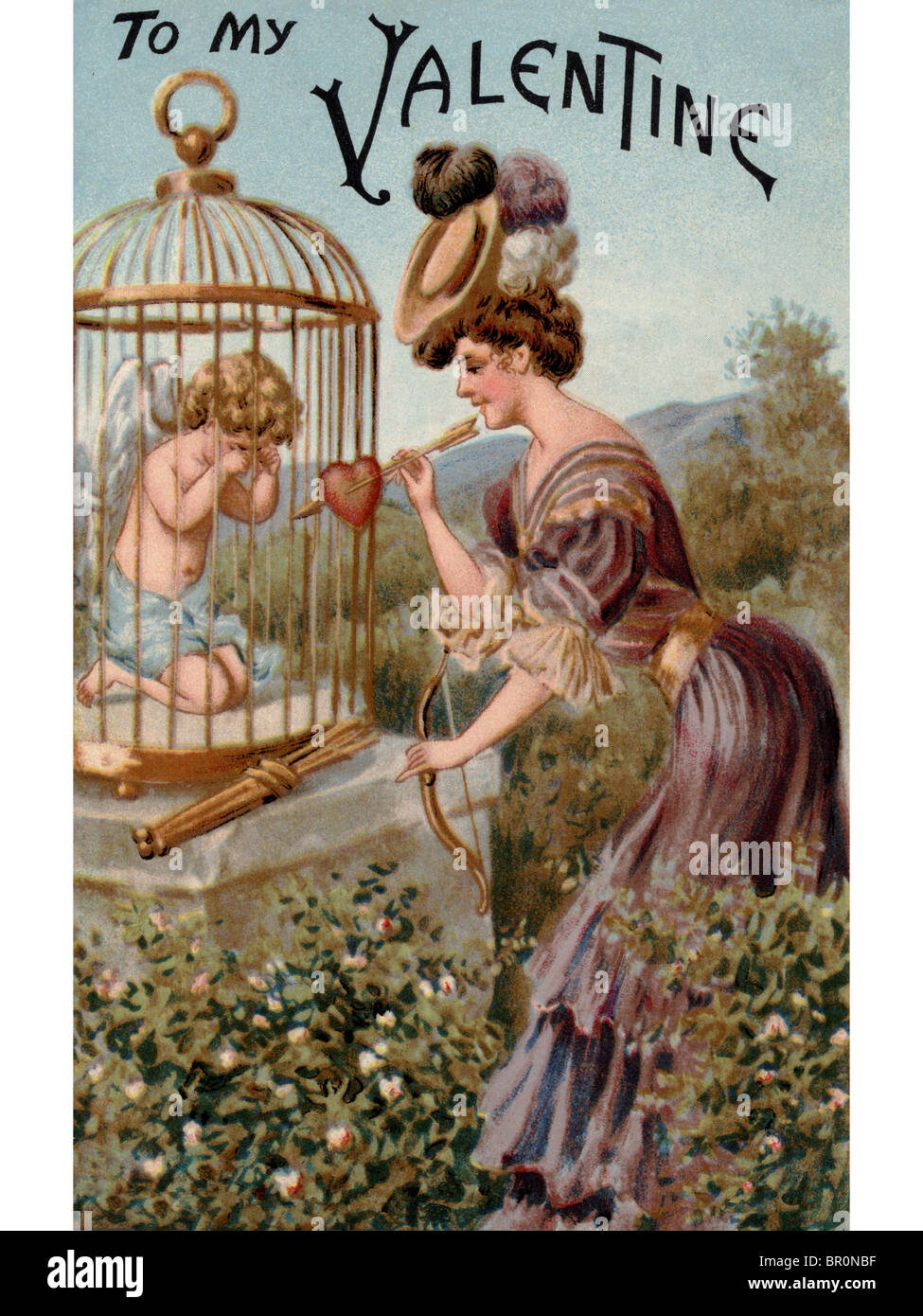 A vintage Valentine with a woman giving a bow and arrow back to a crying Cupid in a cage Stock Photo