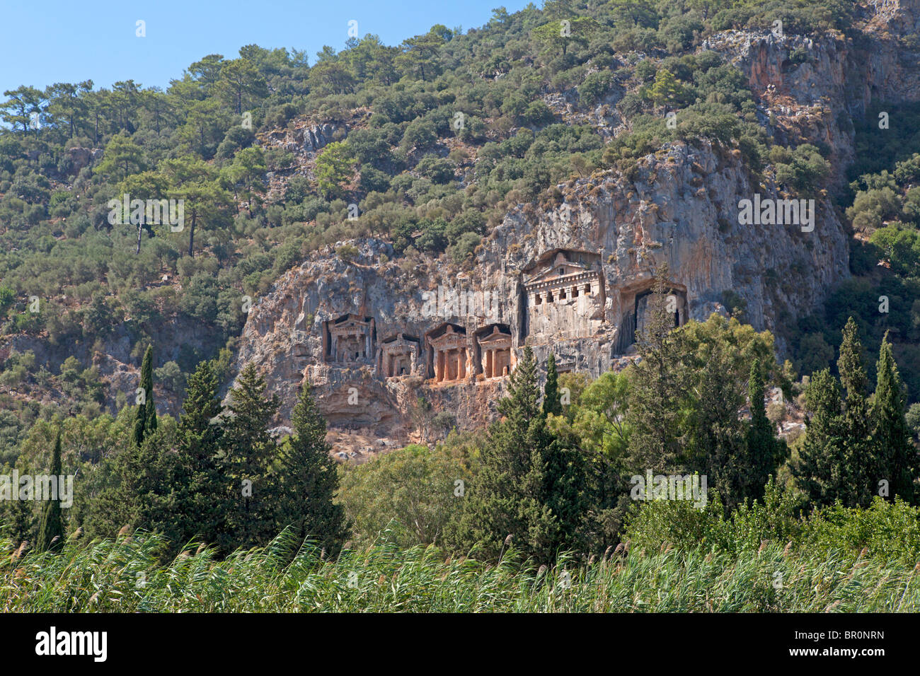 rock cut tombs, antique town of Kaunos, Dalyan Delta, Turkish Aegean Sea, Turkey Stock Photo