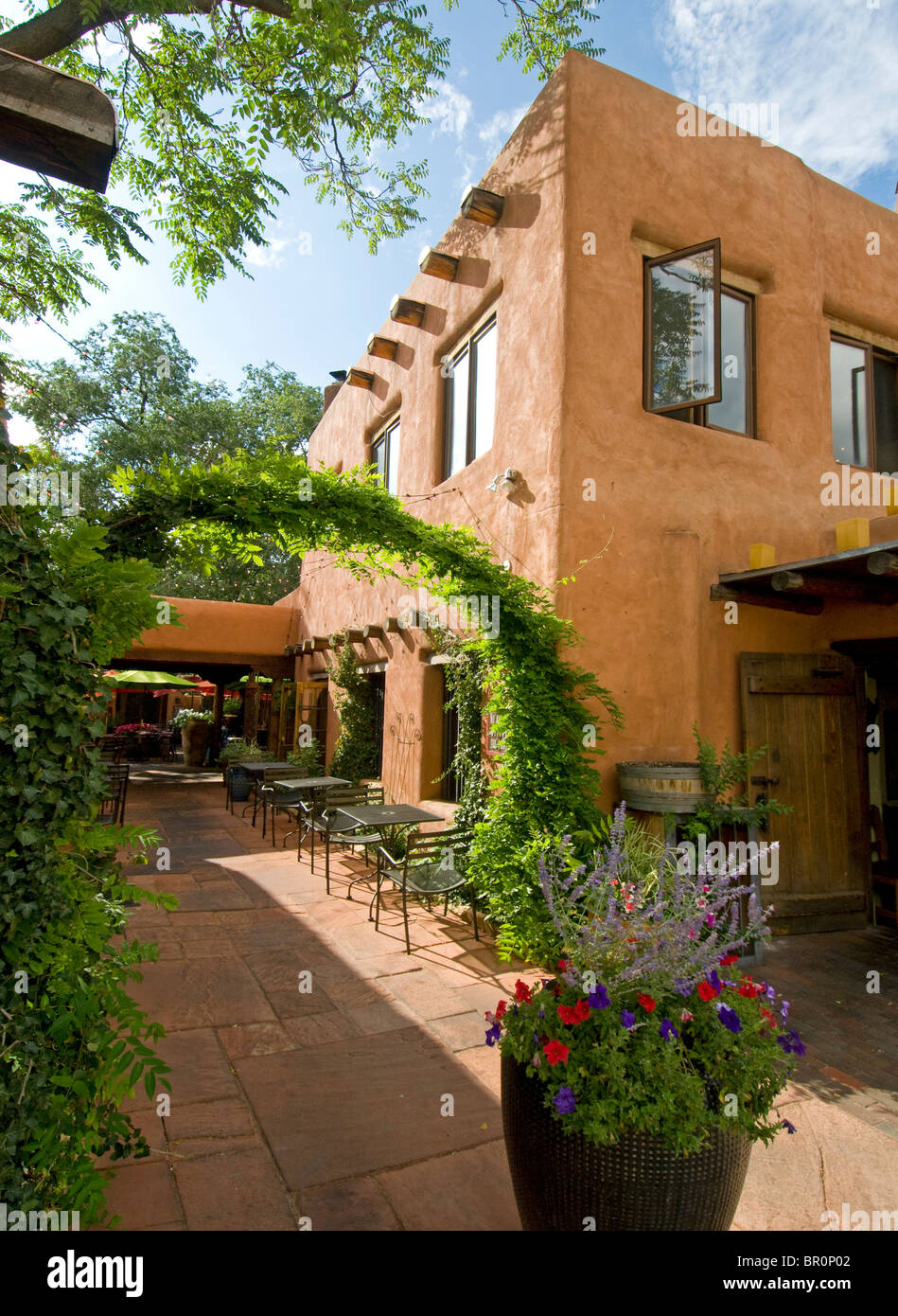 Santa Fe New Mexico adobe architecture restaurant and courtyard Stock Photo