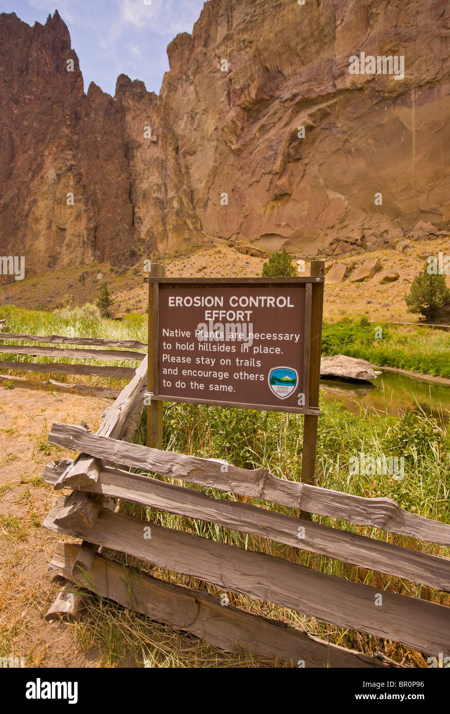 REDMOND, OREGON, USA - Erosion control sign in Smith Rock State Park. Stock Photo