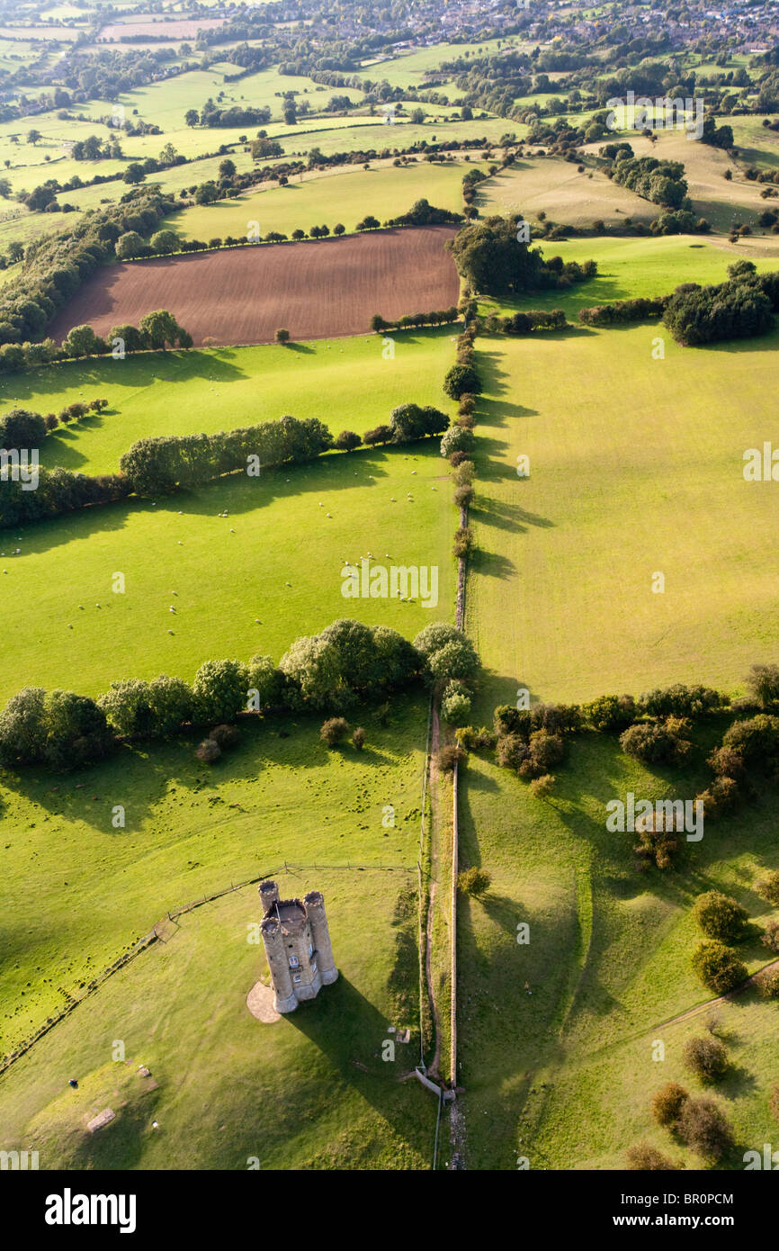 An aerial view of Broadway Tower on the Cotswolds from the south east, Broadway, Worcestershire UK Stock Photo
