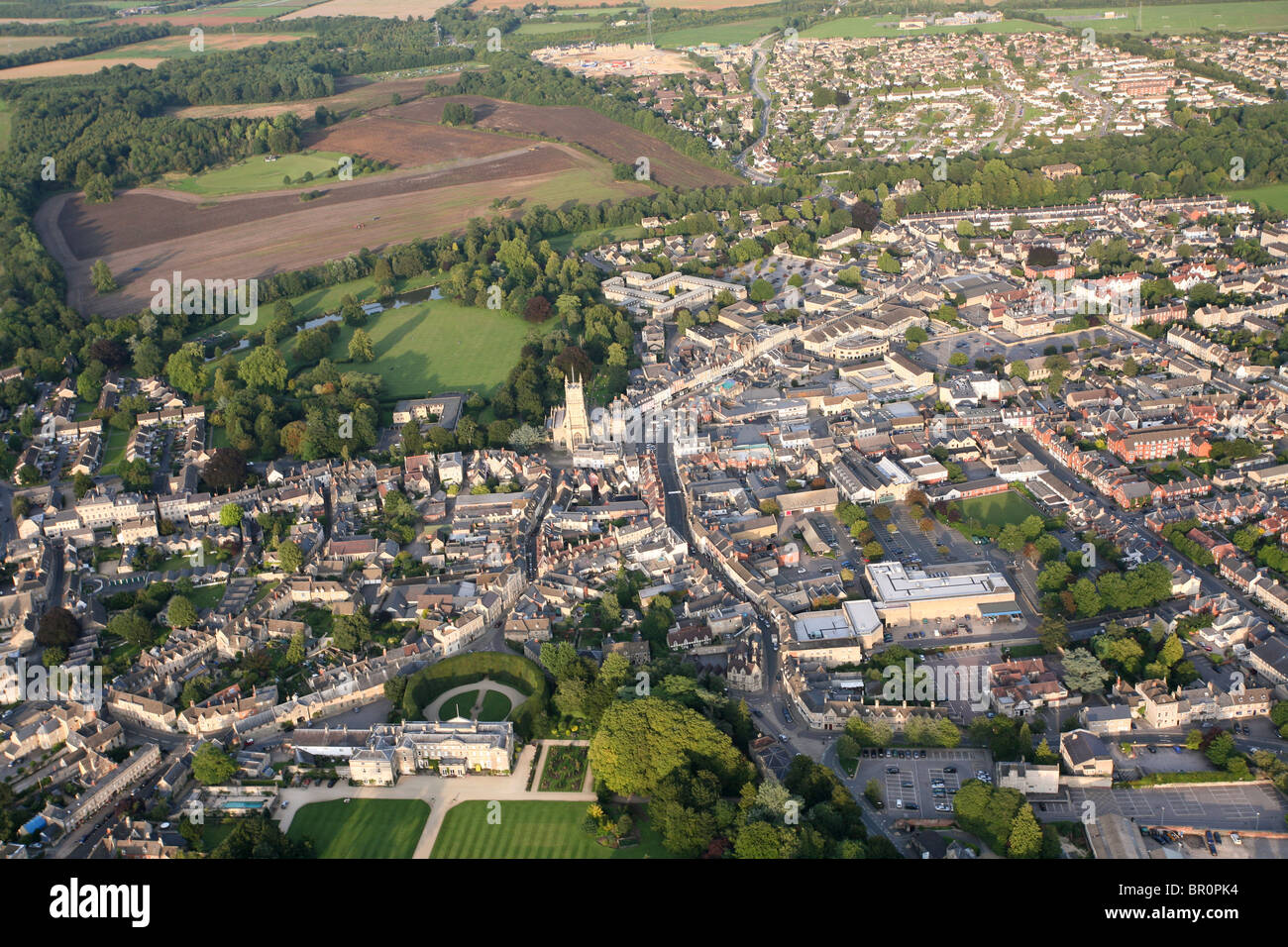 An aerial view of the Cotswold town of Cirencester, Gloucestershire