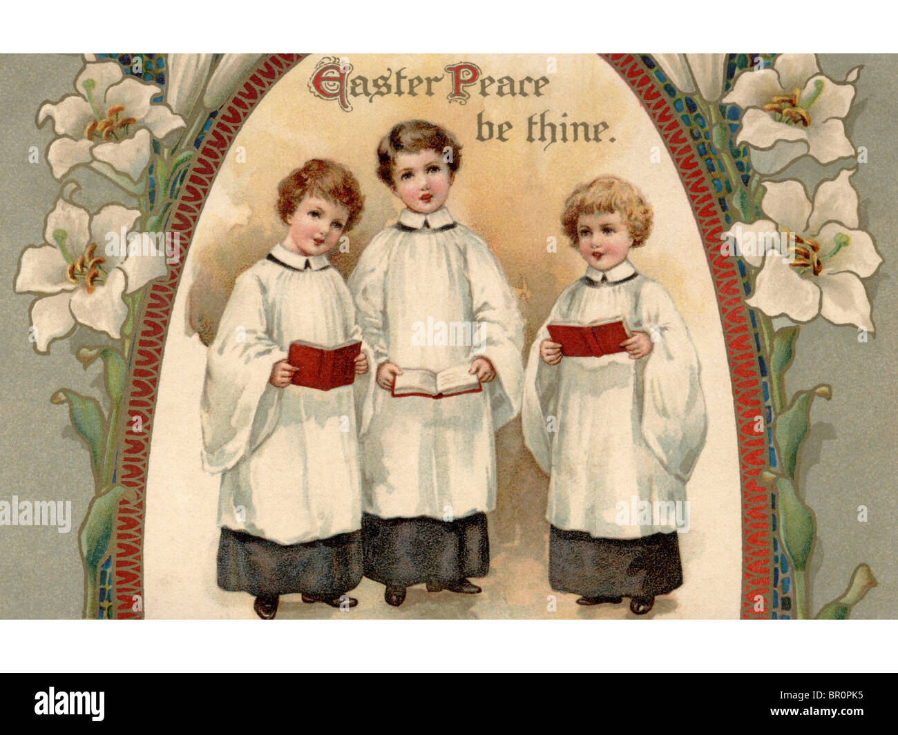 A vintage Easter postcard of three choir boys Stock Photo