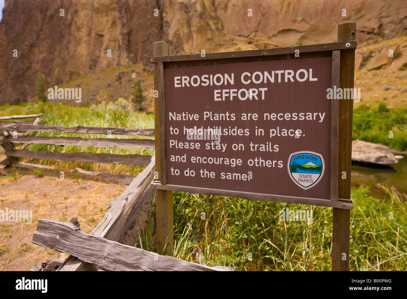 REDMOND, OREGON, USA - Erosion control sign in Smith Rock State Park. Stock Photo
