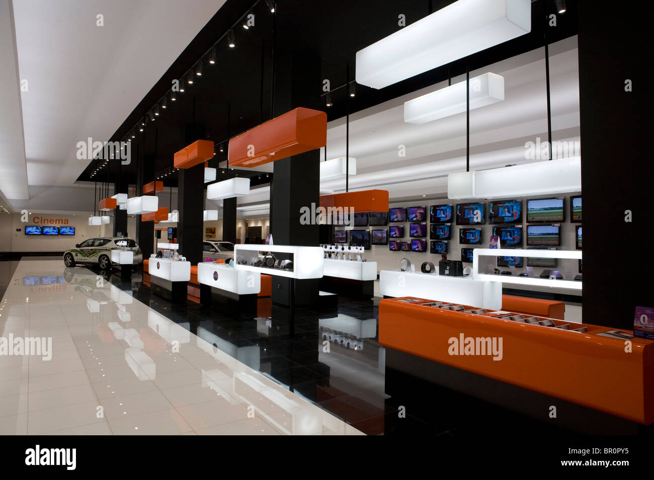 Modern design style of an electronic shop inside the shopping centre Dubai Mall. Stock Photo