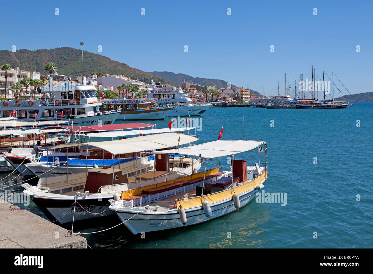 excursion boats at the harbour of Marmaris, Turkish Aegean Sea, Turkey Stock Photo