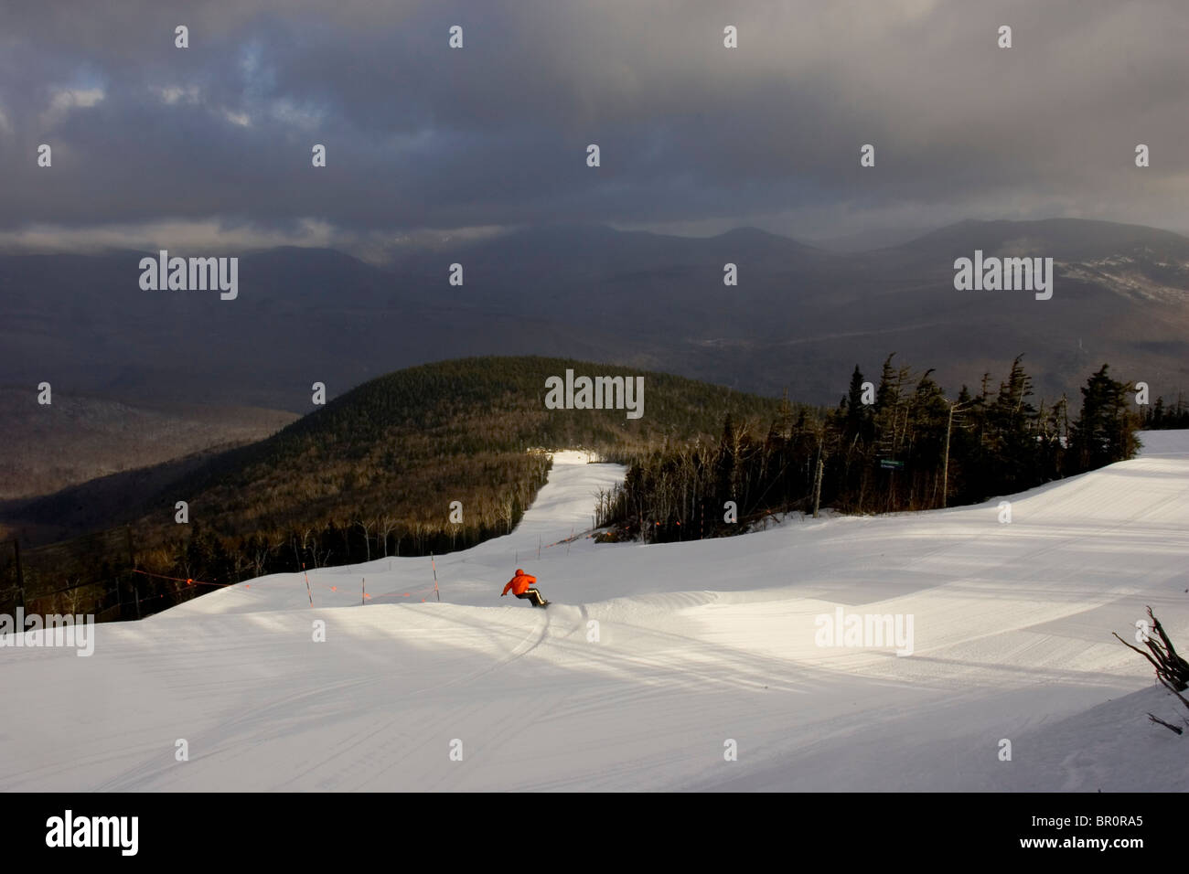 Snowboarding at Sunday River in Bethel, Maine. Stock Photo