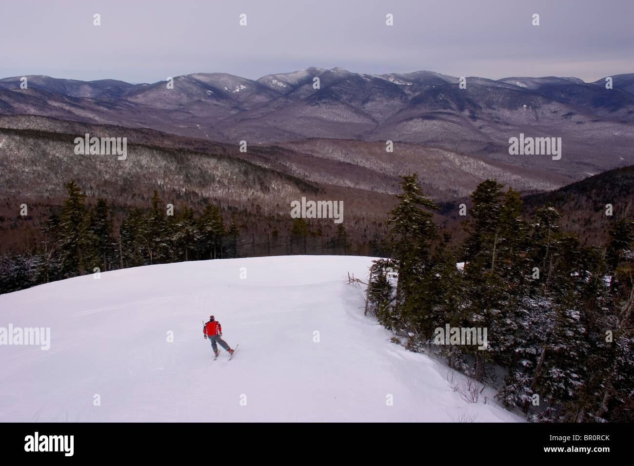 A skier at Sunday Rier in Bethel, Maine. Stock Photo