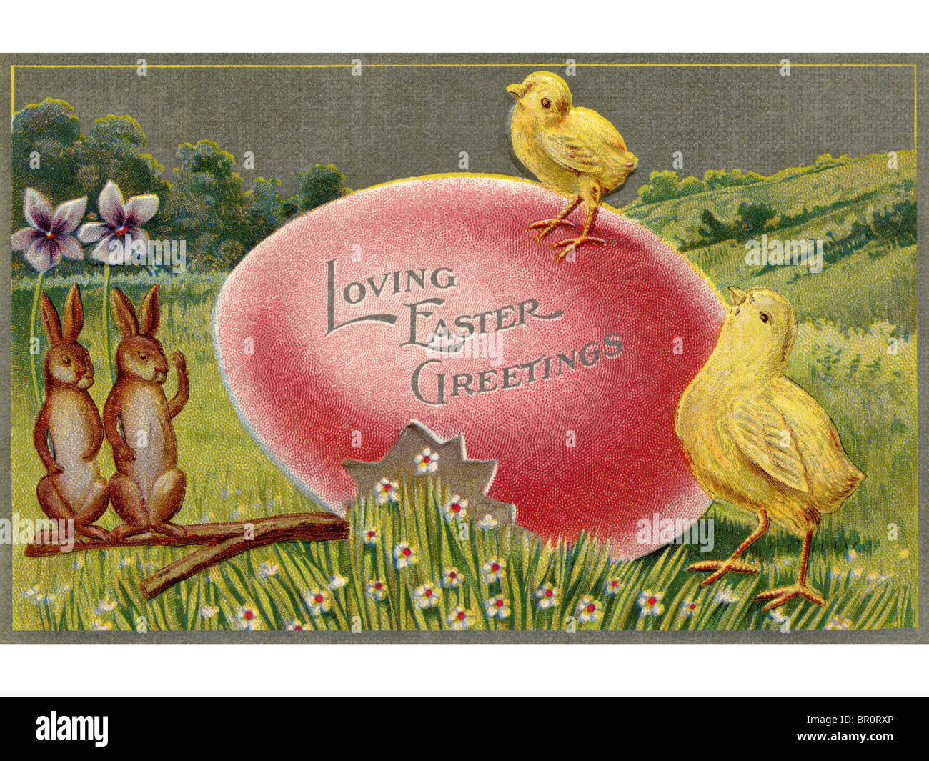 A vintage Easter postcard of chicks and rabbits on an Easter egg  display picture 1