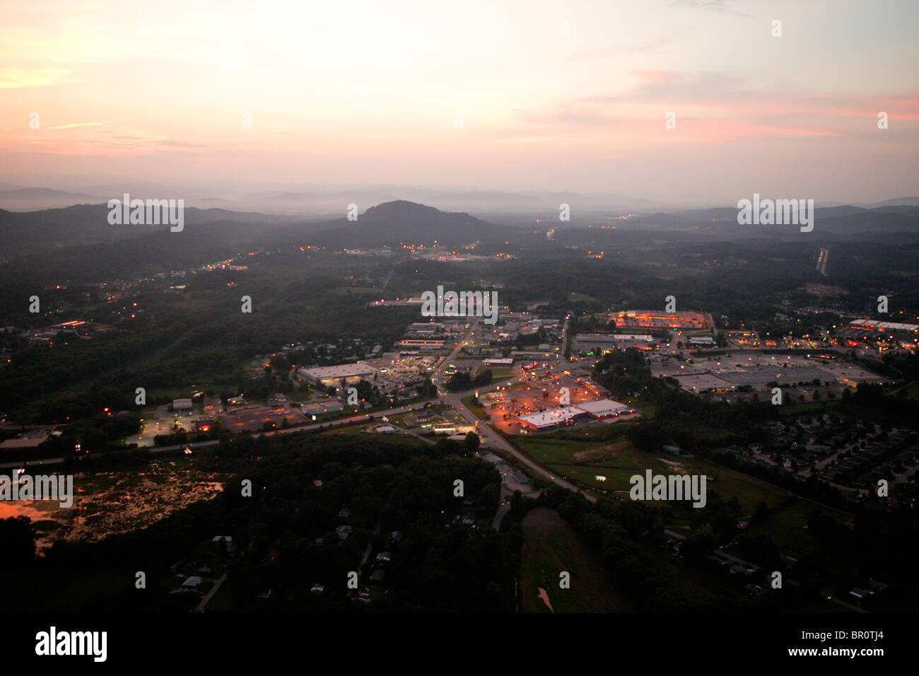 Aerail view of twilight over Hendersonville, NC. Stock Photo