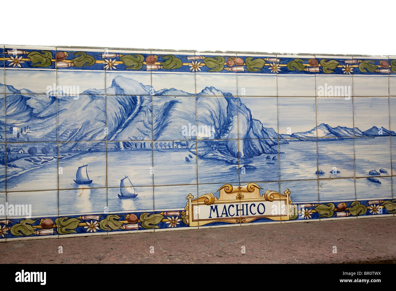 Depiction of boats in harbour at Machico in Azulejo - In Funchal madeira Stock Photo