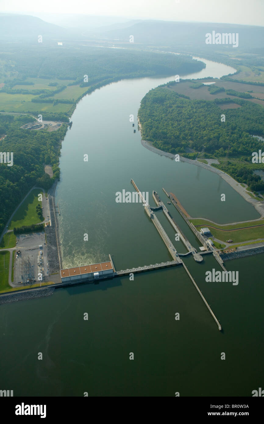 Aerial view of the Nickajack dam and lock on the Tennessee River near