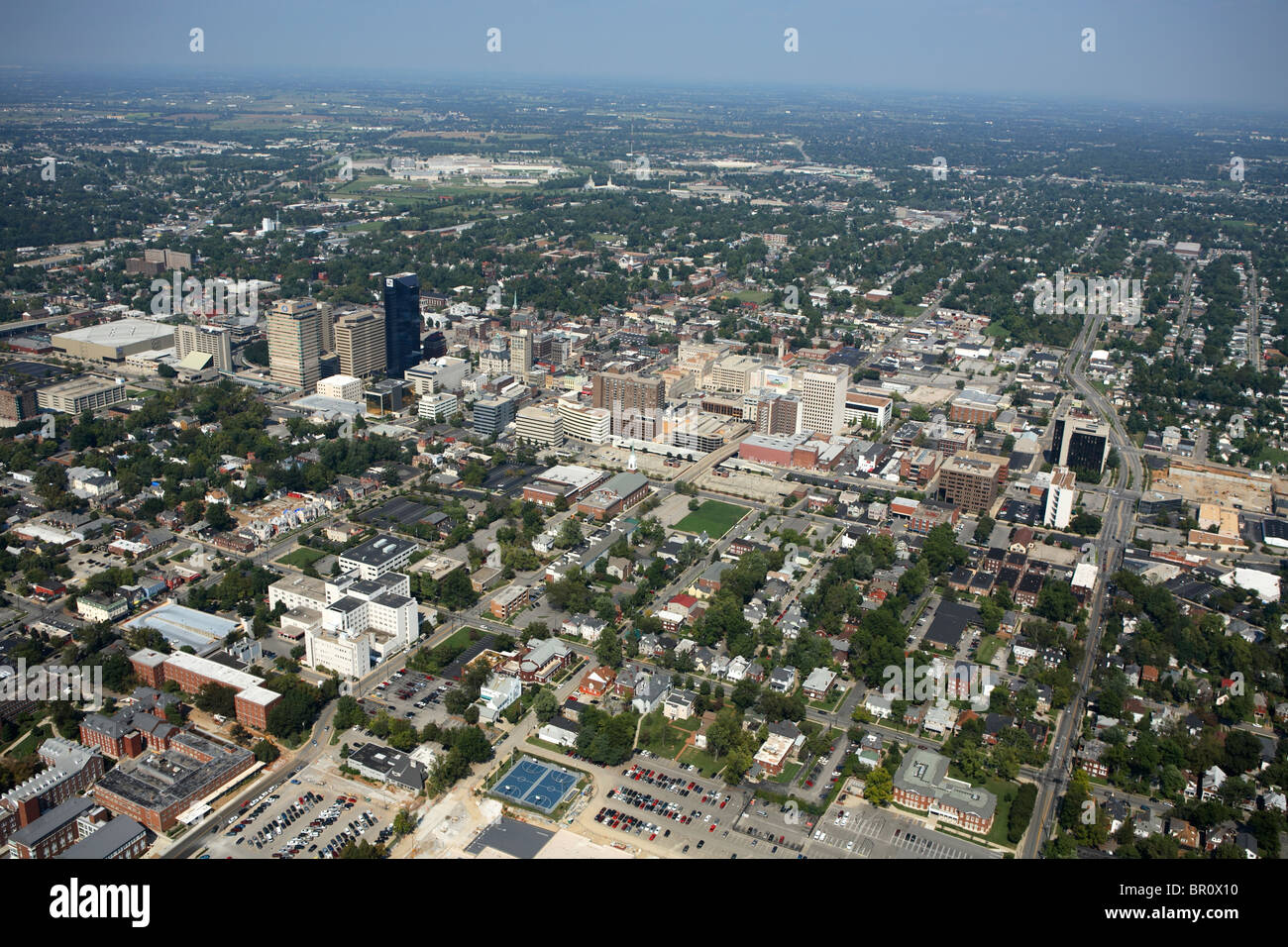 Aerial view of the Red Mile racetrack and downtown Lexington, KY Stock