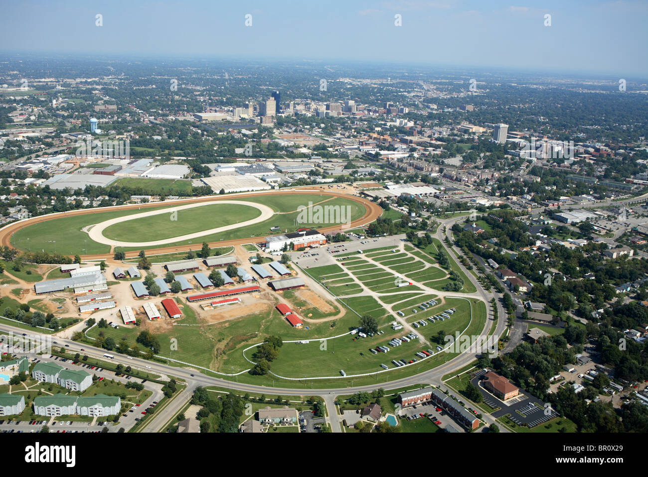 Aerial view of the Red Mile racetrack and downtown Lexington, KY. Stock Photo